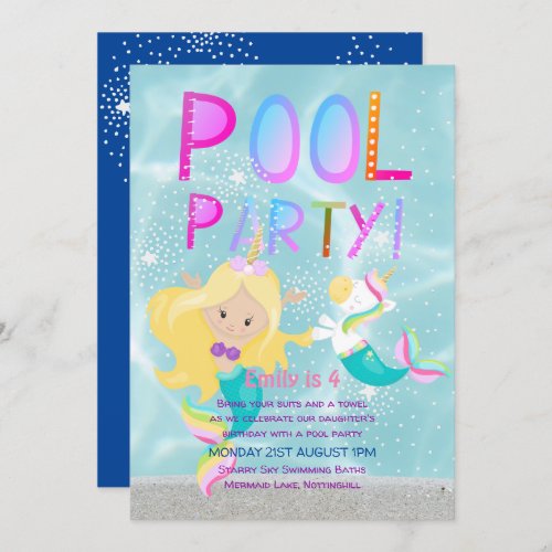 Mermaid Unicorn POOL Party Pink Glitter Girls Invitation