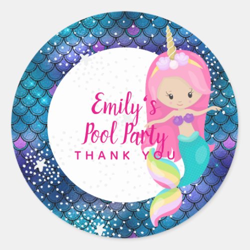 Mermaid Unicorn Pool Party Supplies Pink Blue Girl Classic Round Sticker