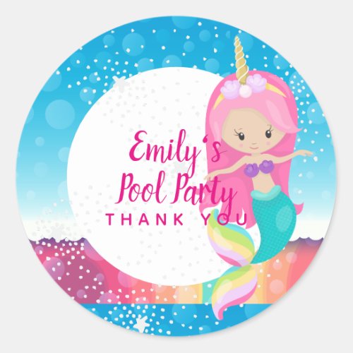 Mermaid Unicorn Pool Party Supplies Pink Blue Girl Classic Round Sticker