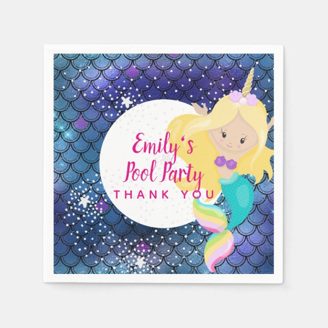 Mermaid Unicorn Pool Party Supplies Pink Blue Girl Napkins (Front)