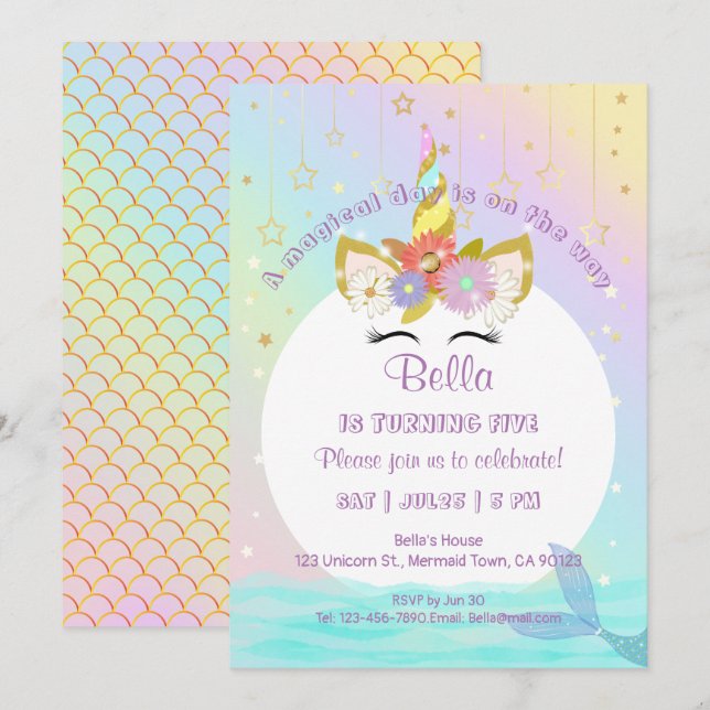 Mermaid Unicorn Rainbow Birthday Invitations (Front/Back)