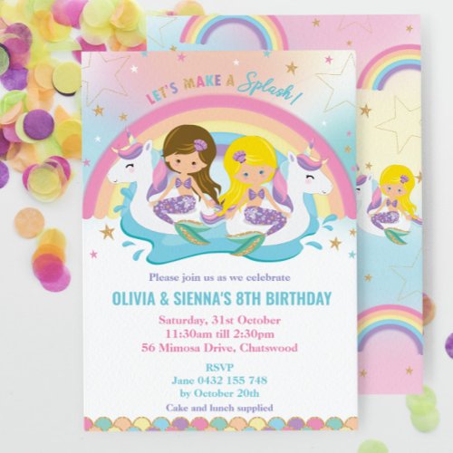 Mermaid Unicorn Rainbow Pool Party Twins Birthday Invitation