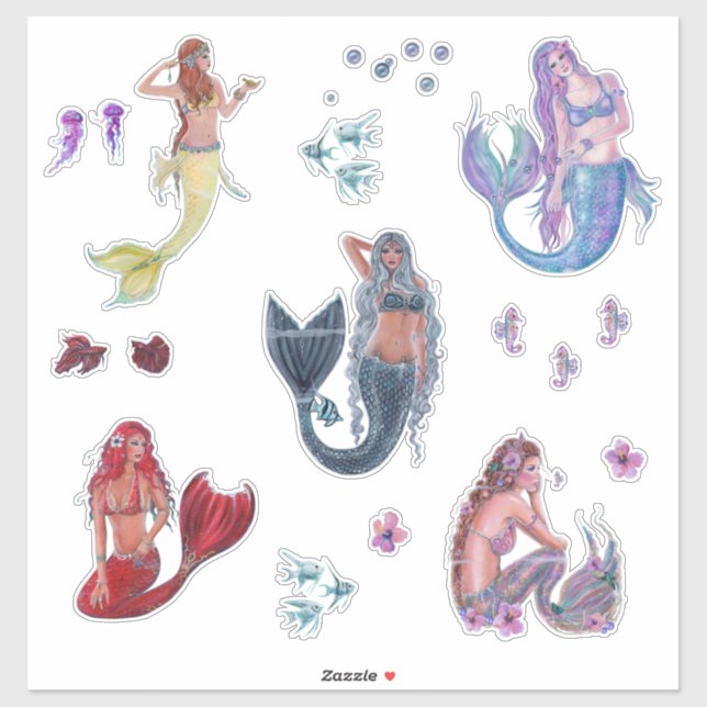 Mermaid variety tropical fish art by Renee Lavoie Sticker (Sheet)
