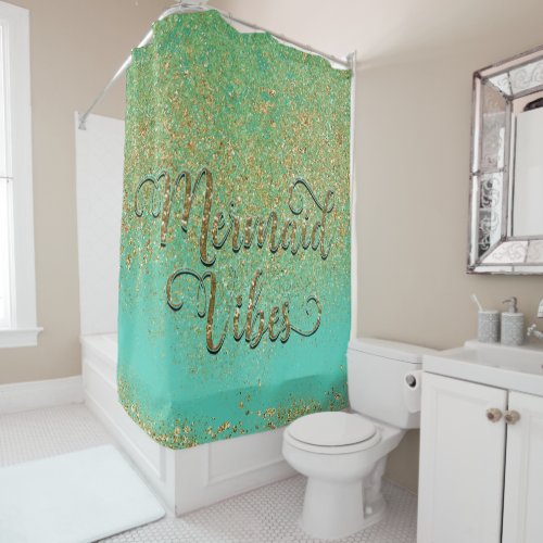 Mermaid Vibes Cascading Gold Glitter Teal Aqua Shower Curtain