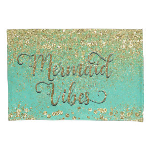 Mermaid Vibes Cascading Gold Glitter Teal Glam Pillowcase
