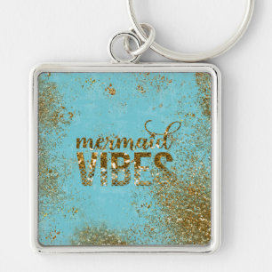 Mermaid Vibes- Gold Glitter Typography on Teal Keychain