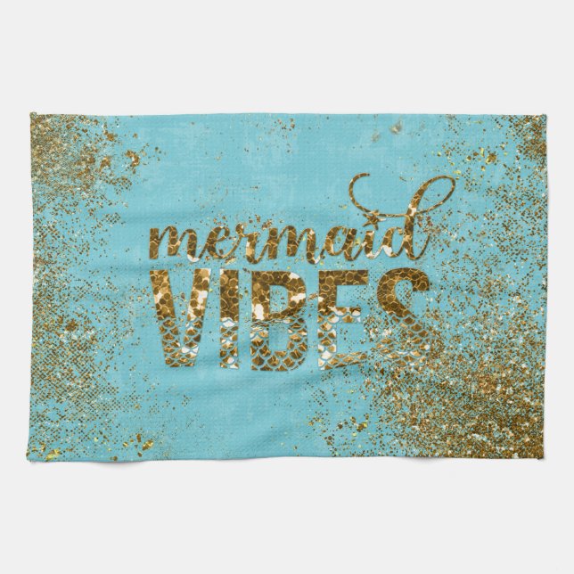 Mermaid Vibes- Gold Glitter Typography on Teal Kitchen Towel (Horizontal)