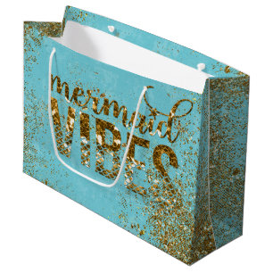 Mermaid Vibes- Gold Glitter Typography on Teal Large Gift Bag