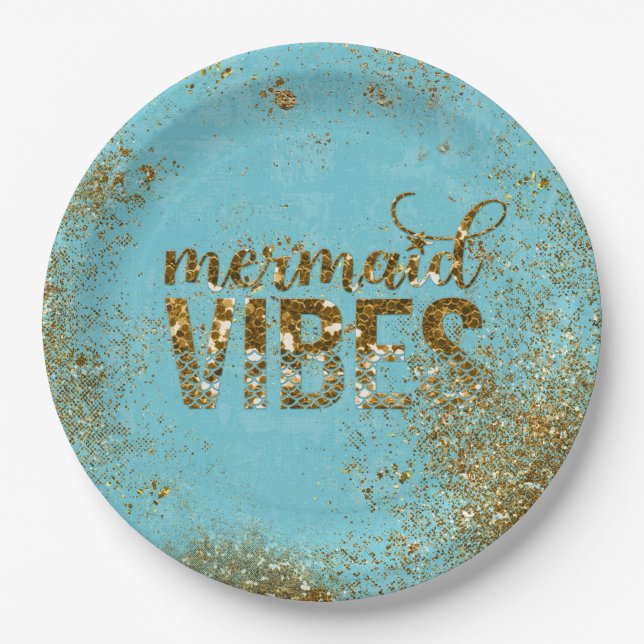 Mermaid Vibes- Gold Glitter Typography on Teal Paper Plates (Front)