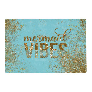 Mermaid Vibes- Gold Glitter Typography on Teal Placemat
