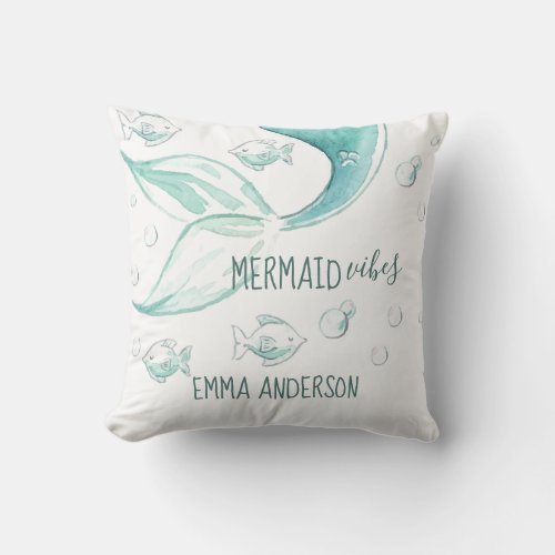 Mermaid Vibes Watercolor Nautical Fish Monogram Throw Pillow