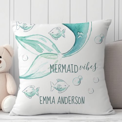 Mermaid Vibes Watercolor Nautical Fish Monogram Throw Pillow