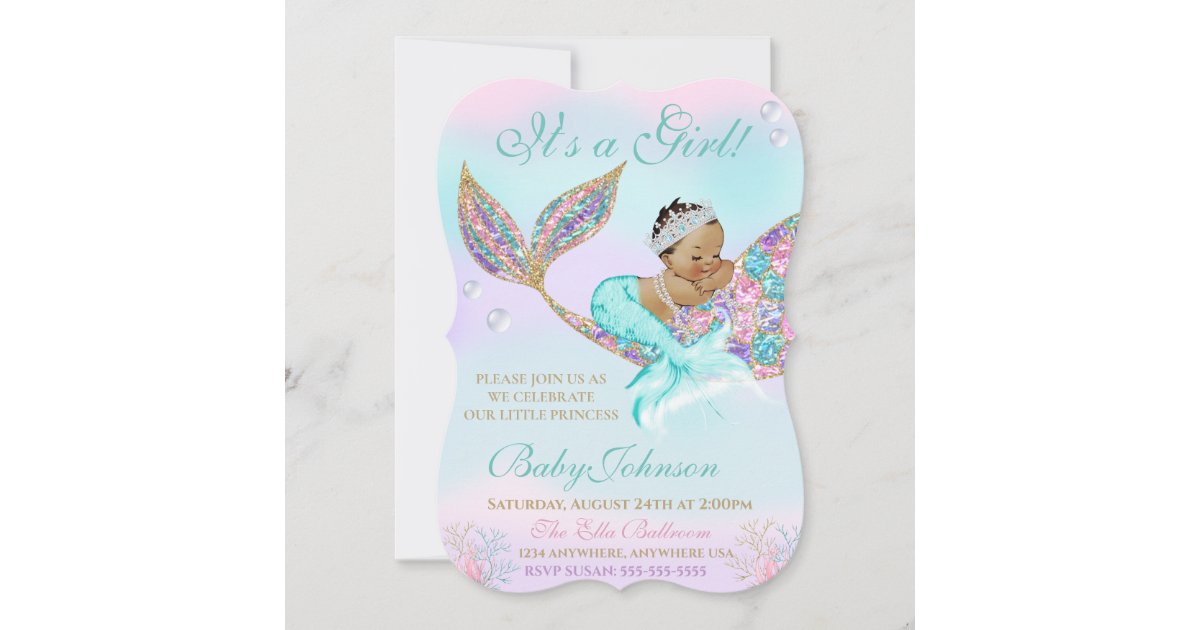 Mermaid Vintage Baby SHower Glitter Tail Invitation | Zazzle