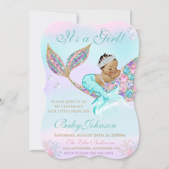 Mermaid Vintage  Baby SHower Glitter Tail Invitation (Front)