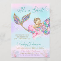 Mermaid Vintage  Baby SHower Glitter Tail Invitation