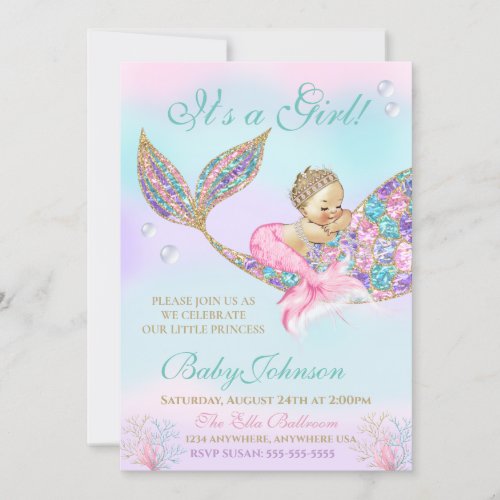 Mermaid Vintage  Baby SHower Glitter Tail Invitation