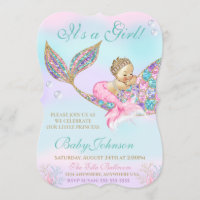 Mermaid Vintage  Baby SHower Glitter Tail Invitation