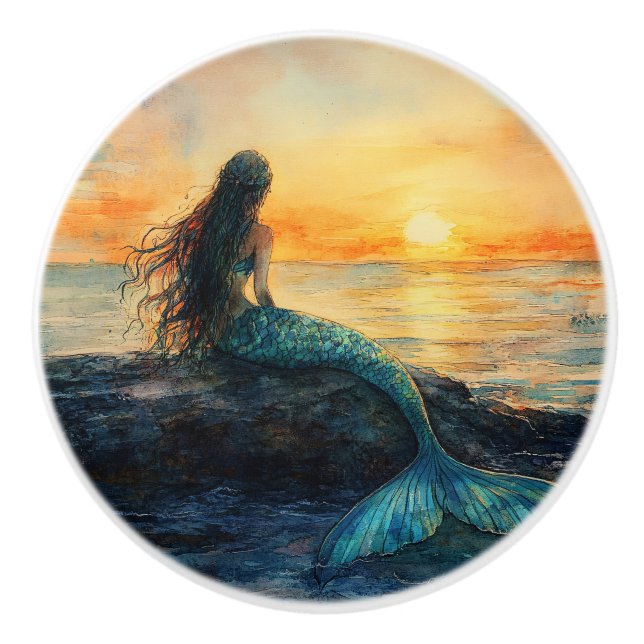 Mermaid Watching a Sunrise Art Ceramic Knob (Front)