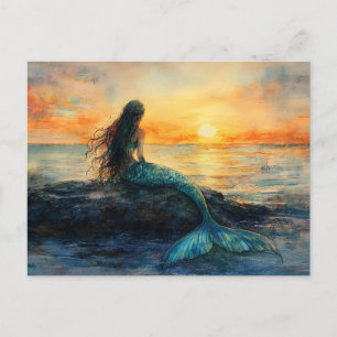 Mermaid Watching a Sunrise Art Postcard