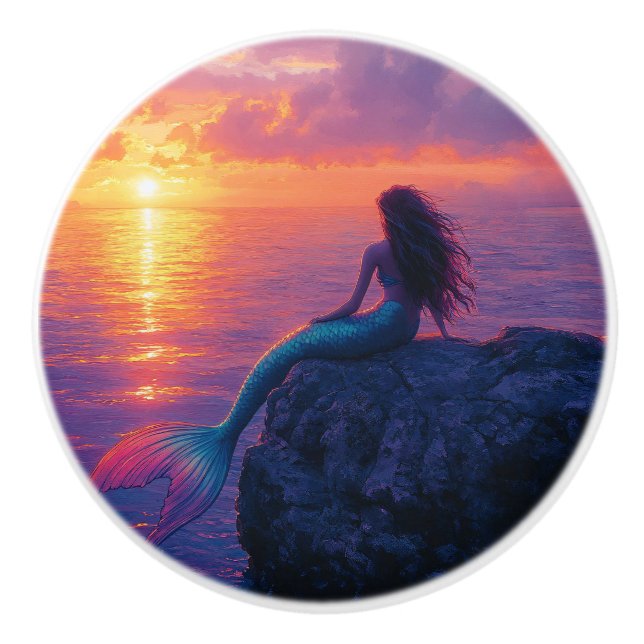 Mermaid Watching a Sunset Art Ceramic Knob (Front)