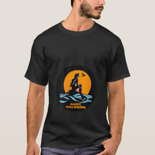 Mermaid Watching Flying Witch on Broom Happy Hallo T-Shirt
