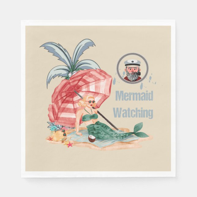 Mermaid Watching - Summer On The Beach Nautical Napkins (Front)