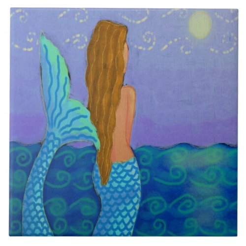 Mermaid Watching the Sun Abstract Art Ceramic Tile