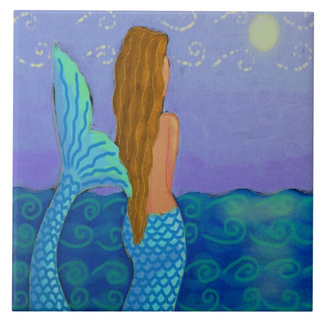 Mermaid Watching the Sun Abstract Art Ceramic Tile (Front)