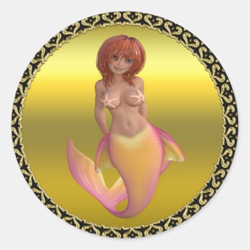 Mermaid water creature with a yellow and pink tail classic round sticker