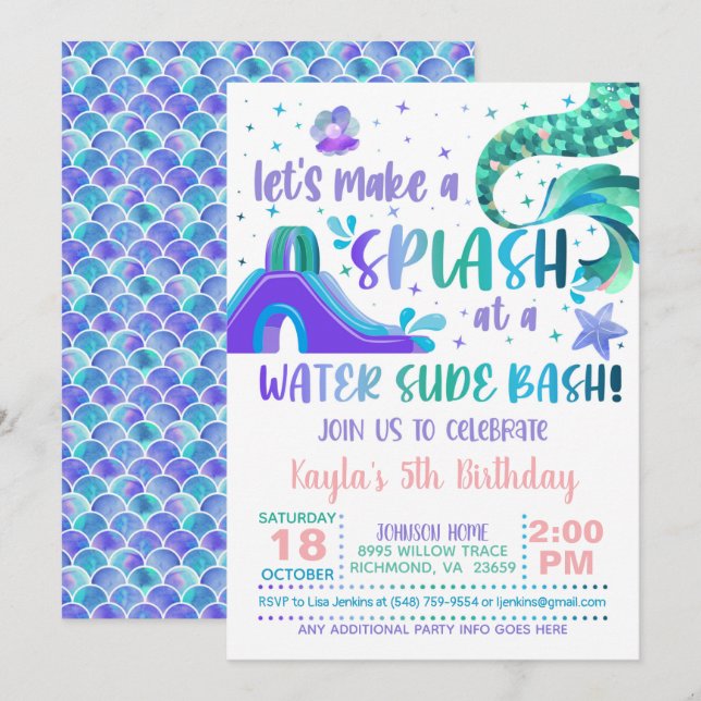Mermaid Water Slide Birthday Invitation (Front/Back)