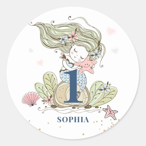 Mermaid Watercolor 1st Birthday Classic Round Stic Classic Round Sticker