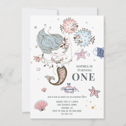 Mermaid Watercolor 1st Birthday Party Invitation