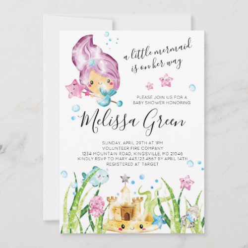 Mermaid Watercolor Baby Shower Invitation