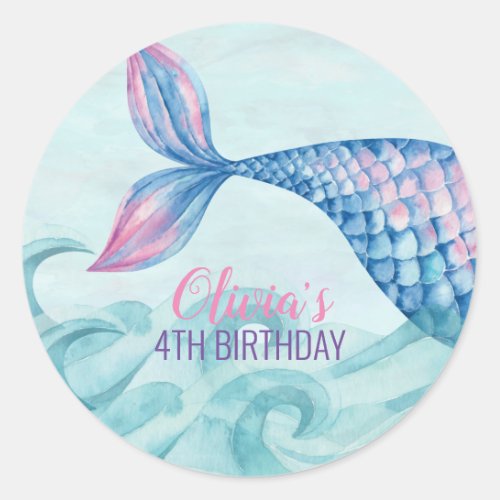 Mermaid watercolor birthday classic round sticker