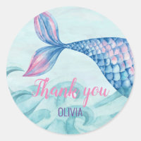 Mermaid watercolor birthday Favor thank you Classic Round Sticker