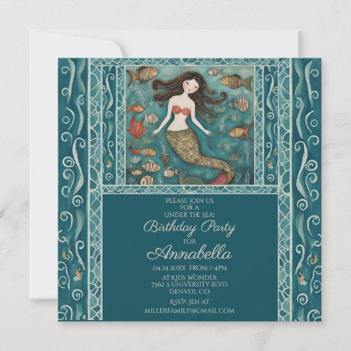 Mermaid Watercolor Birthday  Invitation