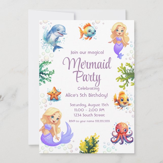 Mermaid watercolor Birthday Invitation Card (Front)