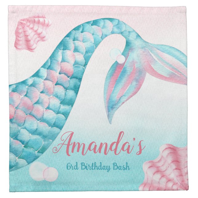 Mermaid watercolor Birthday Invitation Cloth Napkin (Front)
