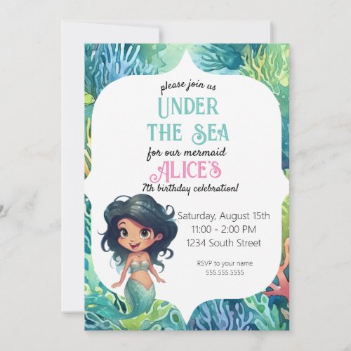 Mermaid watercolor Birthday Invitation Template