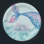 Mermaid watercolor birthday paper plate<br><div class="desc">Watercolor mermaid birthday paper plates. Pink and Purple and blue colors.</div>