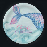 Mermaid watercolor birthday paper plate<br><div class="desc">Watercolor mermaid birthday paper plates. Pink and Purple and blue colors.</div>