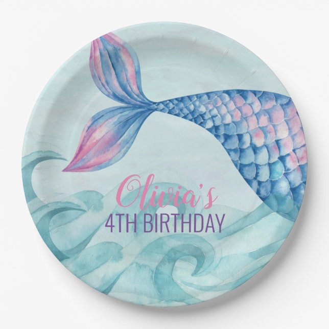 Mermaid watercolor birthday paper plate (Front)