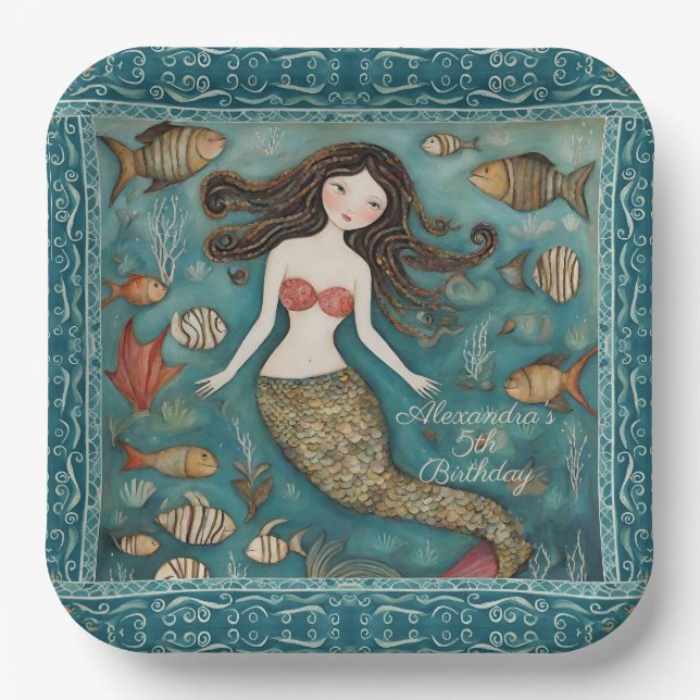 Mermaid Watercolor Birthday Paper Plates (Front)