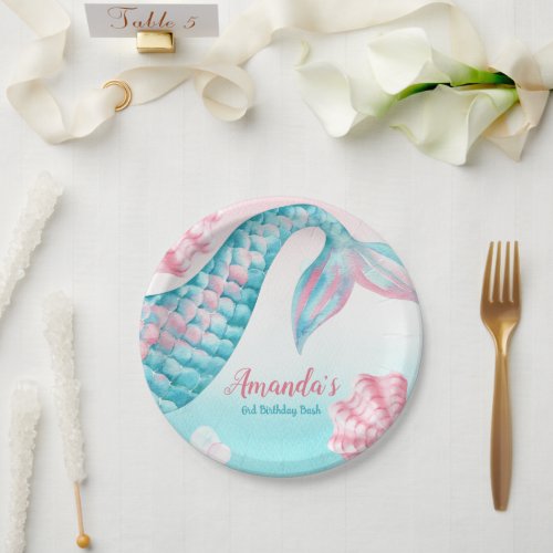 Mermaid watercolor Birthday Paper Plates