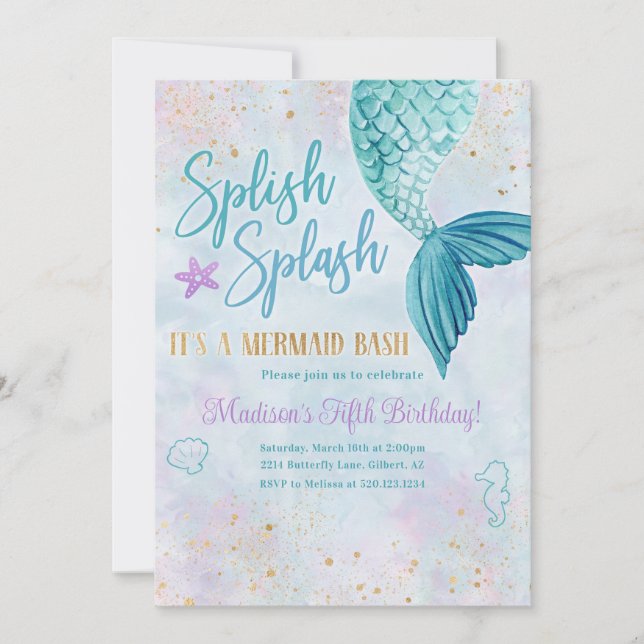 Mermaid Watercolor Birthday Party Any Age Invite (Front)