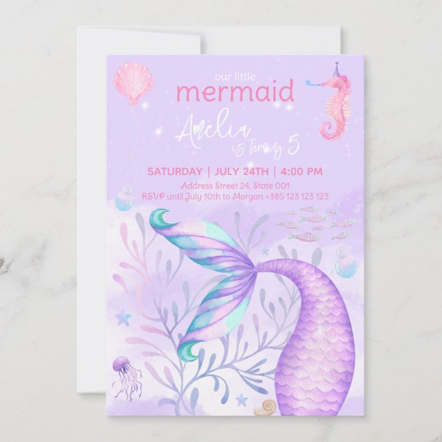 Mermaid Watercolor Birthday Party Invitation (Front)