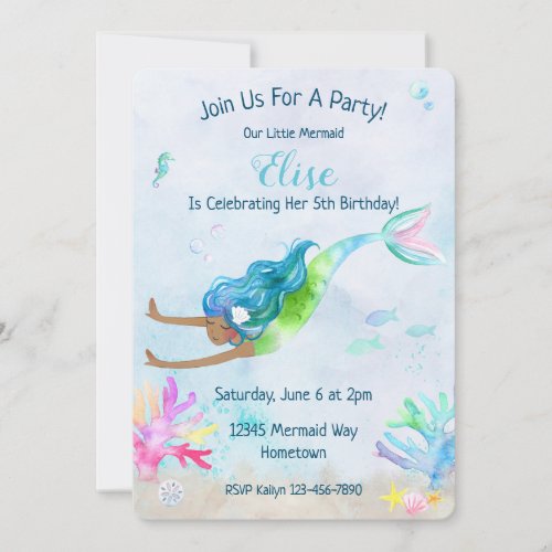 Mermaid Watercolor Birthday Party Invitation