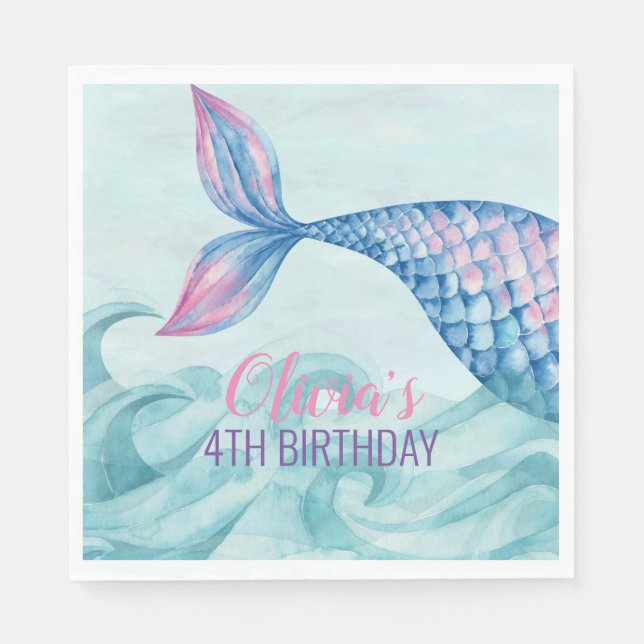 Mermaid watercolor birthday party napkins (Front)