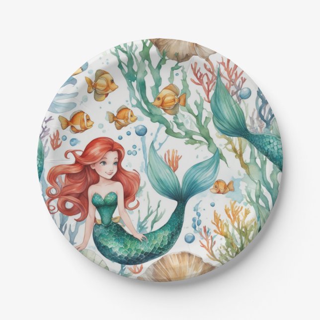 Mermaid Watercolor Birthday Party Paper Plates (Front)
