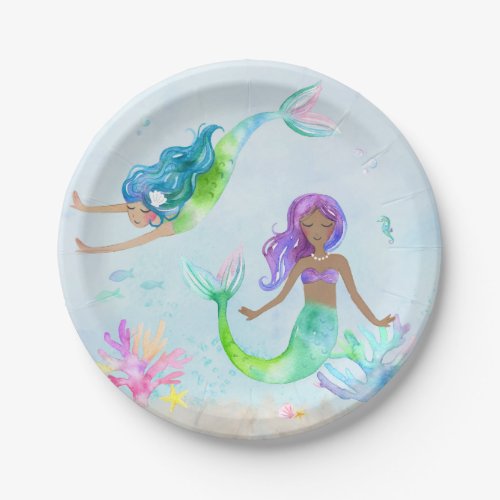 Mermaid Watercolor Birthday Party Paper Plates
